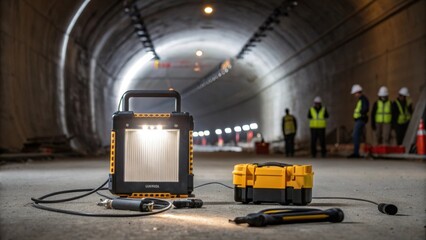 Aufkleber - An overhanging work light connected to a sy extension cord a section of the tunnel in a harsh white light. In the foreground tools and equipment tered on the ground are cast into