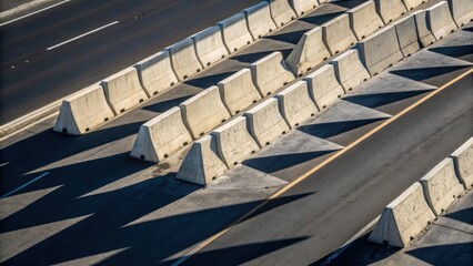 Aufkleber - An overhead angle captures a series of concrete barriers lined up in a zigzag pattern along a temporary road their sharp edges casting elongated shadows on the asphalt. The