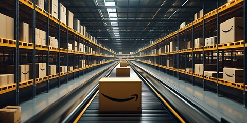 Aufkleber - Endless Warehouse Aisle with Stacked Cardboard Boxes Symbolizing CuttingEdge Logistics Technology : Generative AI