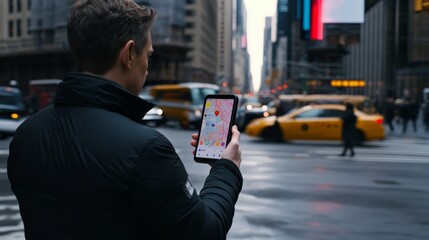 Poster - Businessman holding smartphone displaying navigation app with map of new york city, standing on busy city street with yellow cabs and traffic