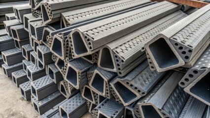 Aufkleber - An overhead perspective of a compact pile of freshly manufactured expansion joints emphasizing the various shapes and sizes of the sections each meticulously finished with a