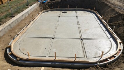 Poster - An overhead perspective of a transformer pad freshly poured with concrete showcasing its curvilinear design and drainage channels. The surface is still wet glistening under the
