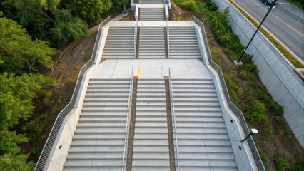 Aufkleber - An overhead shot captures a of precast stair units waiting to be integrated into a metro station project. The stark geometric lines of the stairs contrast with the natural elements