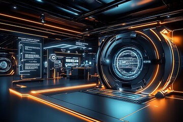 Fototapete - Futuristic SciFi Laboratory with Advanced Technology and Neon Lighting : Generative AI