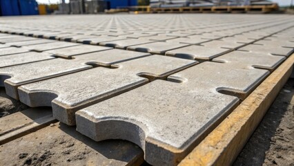 Aufkleber - An overhead shot focusing on the interlocking edges of precast concrete slabs illustrating the precision engineering involved. The vibrant contrast of wet concrete against dry