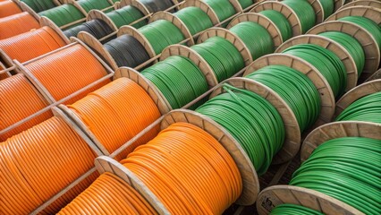 Aufkleber - An overhead shot of fiber optic cables neatly in bright orange and green rolls highlighting the distinct spirals that form from the coiling process. The subtle interplay of light