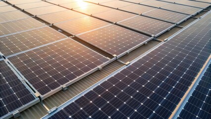 Poster - An overhead shot reveals a closeup of solar panels arranged in a grid pattern with shiny surfaces capturing the sunlight. The mounting brackets are visible beneath elaborately