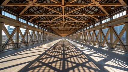 Aufkleber - An overhead view of a lattice of beams crisscrossing beneath an elevated walkway casting intricate shadows on the ground below with sunlight filtering through the open spaces