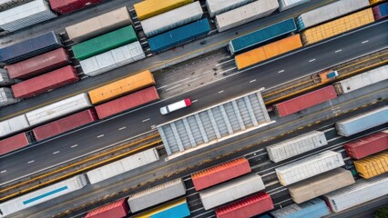 Poster - An overhead view of assembled pedestrian bridge modules densely packed and ready for transport. The image captures the variety of colors and textures showcasing the versatility of