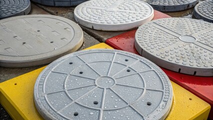 Poster - An overhead view of various precast manhole covers arranged by size and shape their surfaces gleaming after a light rain. The closeup reveals tiny water droplets clinging to the