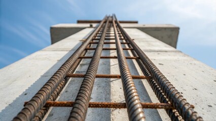 Aufkleber - An upclose angle that captures the heavy steel rebar protruding from the top of a precast column illustrating the structural reinforcement intended for bridge stability. The