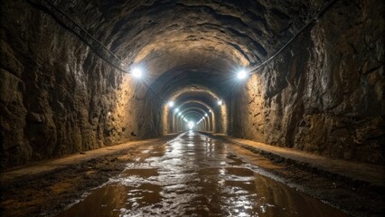 Aufkleber - An underground tunnel mouth illuminated by bright safety lights that reflect off the damp slick walls. The dampness glistens while the rough stone and earthy tones create a stark