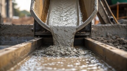 Poster - An upclose glimpse of a concrete mixer pouring its contents into a form reveals the viscous flow of wet concrete blending seamlessly with the rough textures of the surrounding