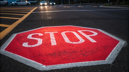Poster - An upclose perspective of a freshly painted STOP sign on a newly asphalted intersection. The paint is bright red almost luminescent surrounded by the deep black of the pavement.