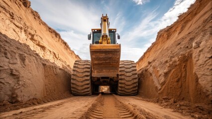 Poster - An upward angle showcases the machinery at work towering above the trench with its massive tires pressed against the surrounding earth. The underbelly of the excavator is coated in