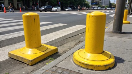 Aufkleber - A pair of sy bright yellow traffic bollards positioned strategically at the edge of a crosswalk their bases cemented firmly into the ground. The texture of the rubberized surface