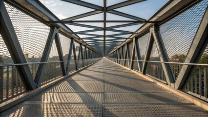 Poster - A perspective shot capturing the top view of the pedestrian overpass with steel plates arranged in crisscross patterns their metallic sheen juxtaposed against the textured concrete