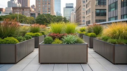 Poster - A perspective shot focusing on the corner of a staggered arrangement of modular planters each box exhibiting different plant species from ornamental grasses to flowering plants