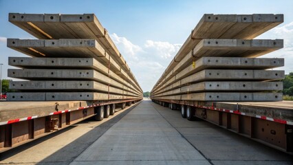 Aufkleber - A perspective shot down the length of the flatbed capturing multiple stacked precast sections receding into the distance. Subtle variations in the color of the concrete and the