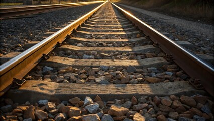 Poster - A perspective shot through the gaps between the tracks reveals the underlying ballast beneath where finely crushed rocks create a layered effect. The interplay of light and shadow