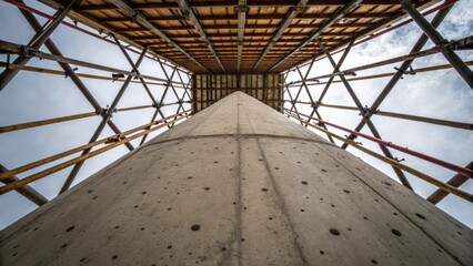 Aufkleber - A perspective shot that angles upward along the surface of a concrete pillar with intersecting scaffolding forming a protective cage around it. The concrete surface is dotted with
