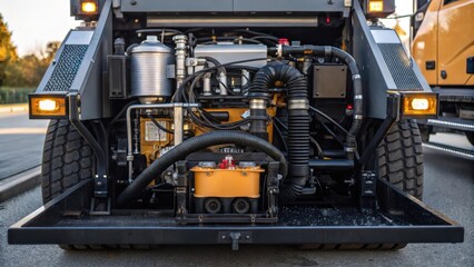 Aufkleber - A photograph focusing on the engine compartment of a parked asphalt milling machine where various components are exposeddetailed metalwork hoses and filters are visible. Light
