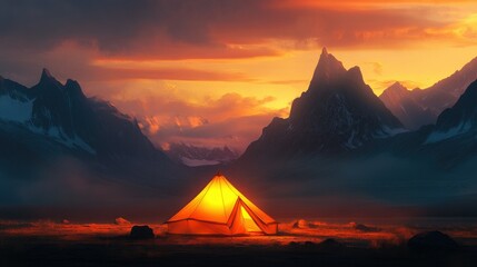 Wall Mural - A glowing orange tent illuminated under a vibrant sunset with towering mountains in the background