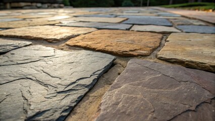 Poster - A rich texture closeup revealing the rough surfaces of large flagstone pieces each stone showcasing natural fissures and color gradients from deep slate to pale sandstone creating