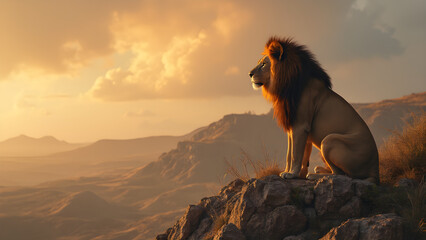 regal lion on rocky outcrop. ultra realistic lion art. majestic lion surveying kingdom. wild animal 