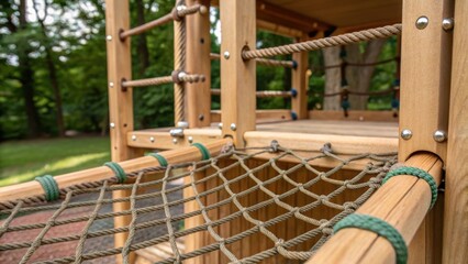Poster - A shot capturing the assembly of a versatile play tower with safety ropes and nets being secured. The closeup reveals detailed craftsmanship highlighting woven textures and the sy