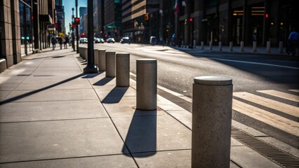 Poster - A shot capturing the intersection of the precast concrete bollards and a vibrant city street. The interplay of shadow and light casts dramatic outlines on the ground while the