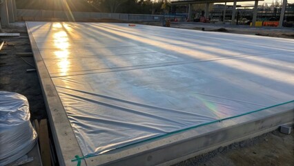Aufkleber - A shot highlighting the interplay of light and shadow on the surface of a curing concrete slab partially shielded by protective sheeting that flutters slightly in the breeze. The