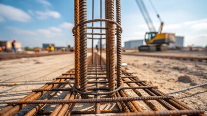 Aufkleber - A shot highlighting the reinforcing steel rebar protruding from the top of a drilled foundation pile intricately intertwined and ready for concrete to encase them. The rusted metal