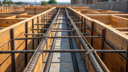 Poster - A side view capturing the intricate formwork design with seams and joints emphasized by the stark lines of the rebar visible through the open areas. The contrast of the weathered