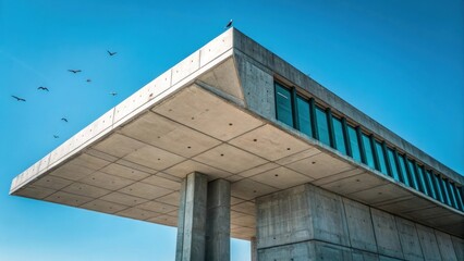 Aufkleber - A side view of an elevated precast basin framed against a bright blue sky its angular shape emphasizing functionality and architectural engineering. The raw concrete reflects hints