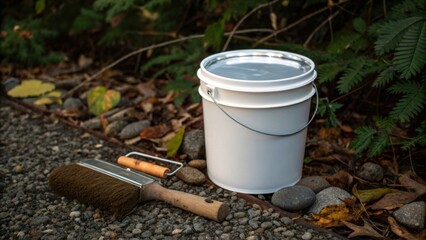 Aufkleber - A single paint bucket its lid askew reveals a thin layer of shimmering sealant inside. The bucket is surrounded by tered leaves and small stones with a roller brush resting nearby