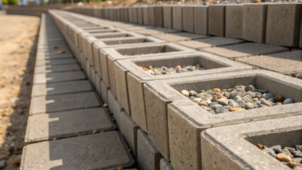 Aufkleber - A side view of interlocking retaining wall blocks showcasing the precise alignment and uniformity of their rectangular shapes. Small pebbles and dirt are nestled in the joints
