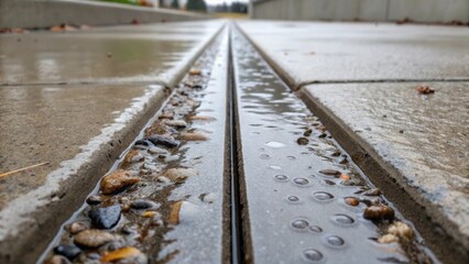 Poster - A textured closeup of a preformed expansion joint in the context of a rainy day with droplets of water pooling in some of the grooves. The contrast between the shiny wet surface