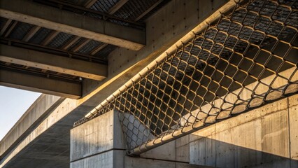 Aufkleber - A tilted angle view of a bridge abutment reveals the interplay of form and function. The intertwined reinforcement mesh is photographed against a backdrop of fading concrete and