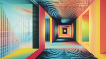 Wall Mural - abstract colorful hallway with glowing doors and vibrant walls.