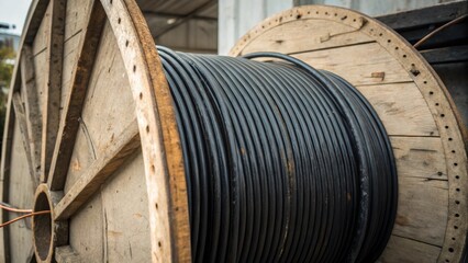 Aufkleber - A topdown perspective of a large circular spool its surface worn and weathered with spirals of thick black cable cascading over the edges inviting the viewer to appreciate the