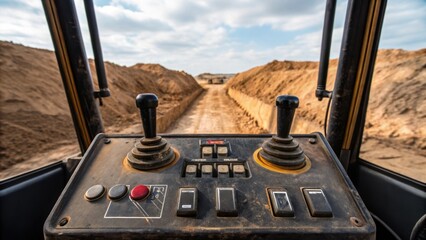 Poster - A view of the control panel of a parked excavator showcasing levers and buttons covered in smudges from use. The panel is framed by the backdrop of an open trench with the sides