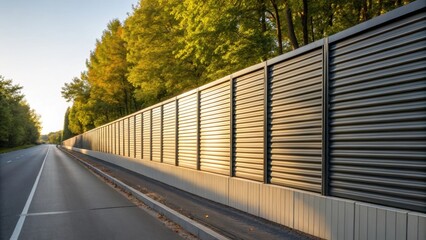 Aufkleber - A view highlighting the vertical ridges of a noise barrier panel which reflects the light in various angles creating a play of shadow and light. Bright foliage in the background