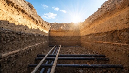 Poster - A viewpoint from the side reveals two layers of excavated trench the upper layer showing dirt and gravel while the lower layer exposes multiple conduit ducts. The sunlight