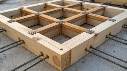 Poster - A zoomedin image of a wooden form revealing the intricate notches and joints where wood pieces are fitted together precisely. Sprigs of rebar poke through the setting concrete