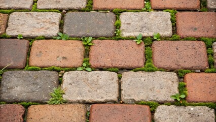 Poster - A zoomedin perspective reveals the slight variation in the sizes and colors of the brick pavers illustrating a harmonious blend of materials that creates visual interest. Moss and