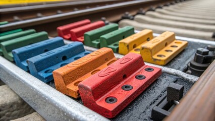 Leinwandbilder - A zoomedin view of colorful rail clips nestled in a foamlined compartment each piece exhibiting a unique design. The textured surfaces catch the light revealing subtle