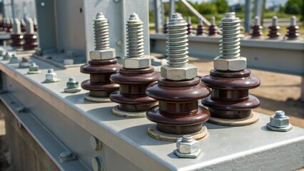 Poster -  bolts and screws are ly visible yet essential surrounded by newly fitted insulators that shimmer with a layer of protective coating reflecting both artistry and engineering
