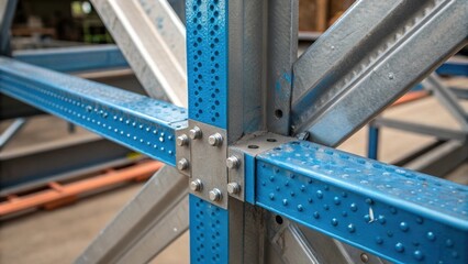 Aufkleber - Closeup detail of a connection point between two steel trusses illustrating the precise alignment of components. The texture of the heattreated metal plays off the vibrant blue of