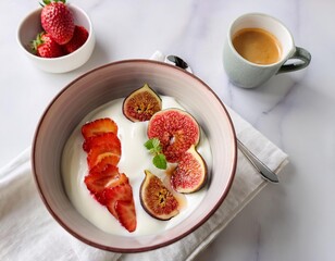 Wall Mural - Bowl of yogurt with fresh figs and strawberries, italian breakfast with coffee